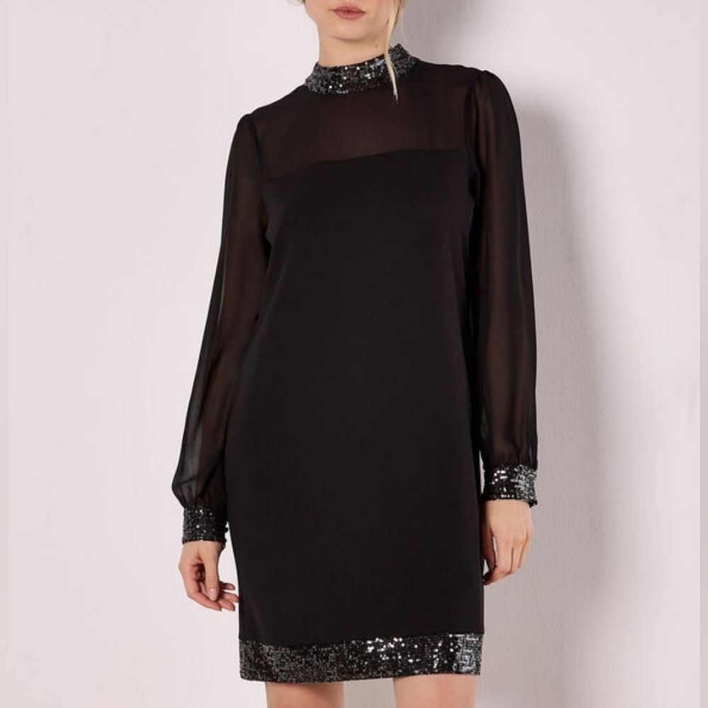 Cato Elegant Sequin Trim Sheer Sleeve Dress